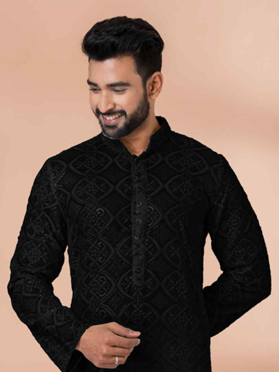 Black Georgette Embroidered Festival Wedding Kurta