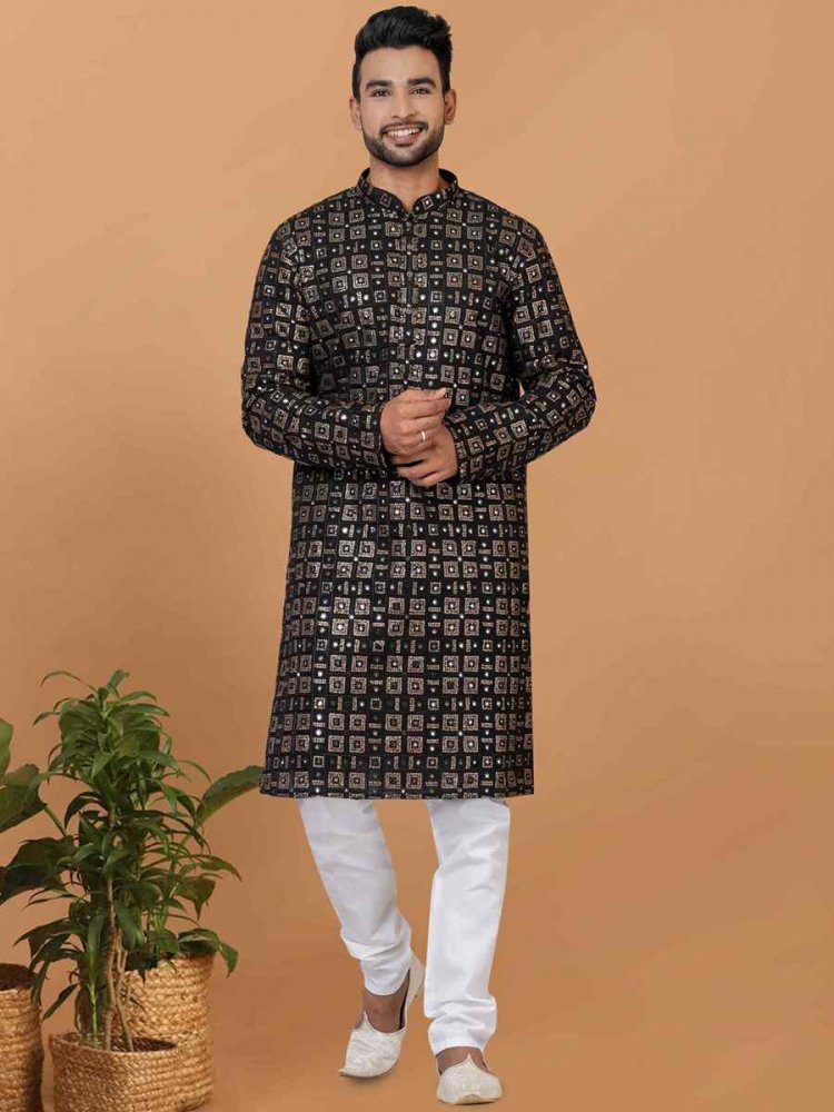 Black Georgette Embroidered Festival Wedding Kurta