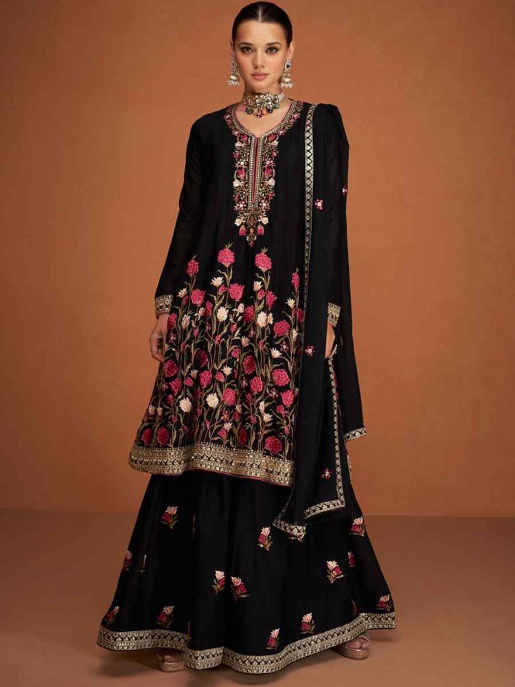 Black Georgette Embroidered Festival Wedding Ready Sharara Pant Salwar Kameez