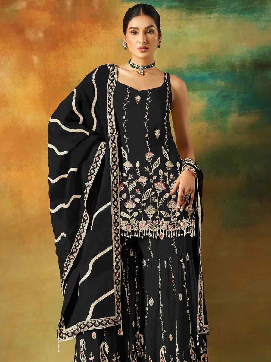 Black Georgette Embroidered Festival Wedding Sharara Pant Salwar Kameez