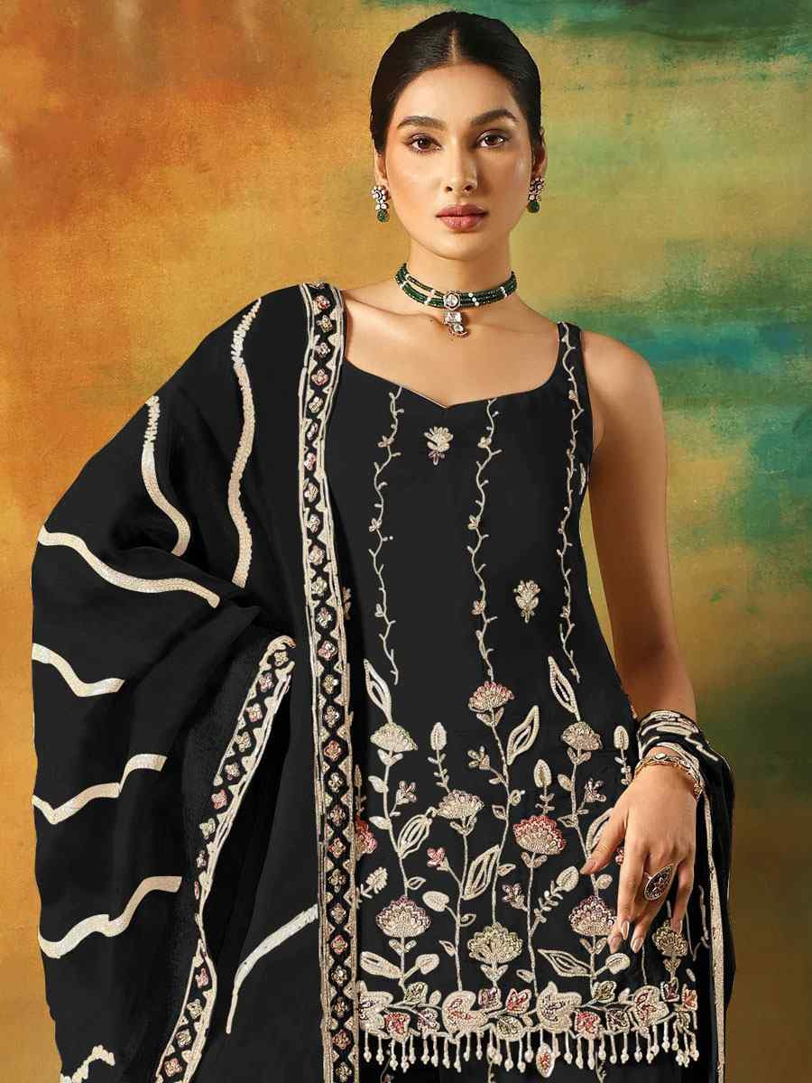 Black Georgette Embroidered Festival Wedding Sharara Pant Salwar Kameez