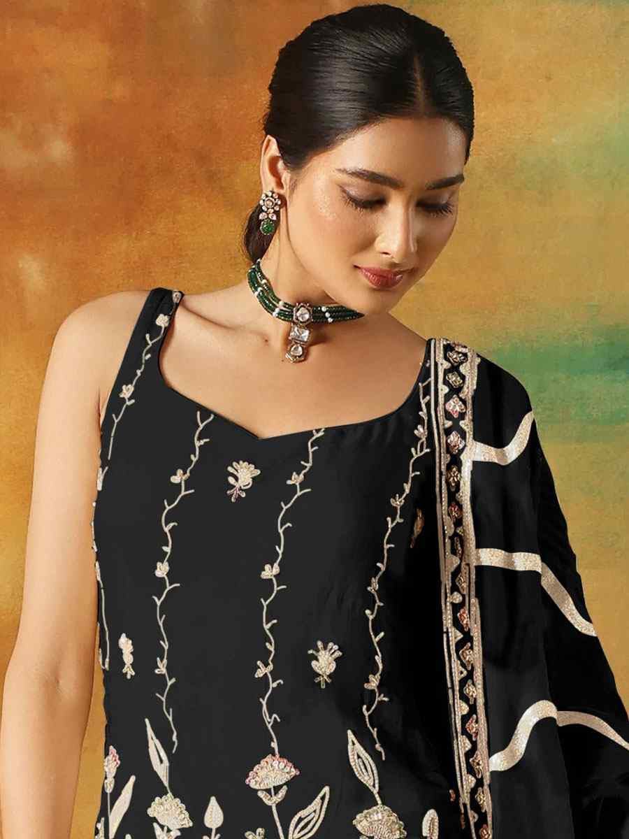 Black Georgette Embroidered Festival Wedding Sharara Pant Salwar Kameez