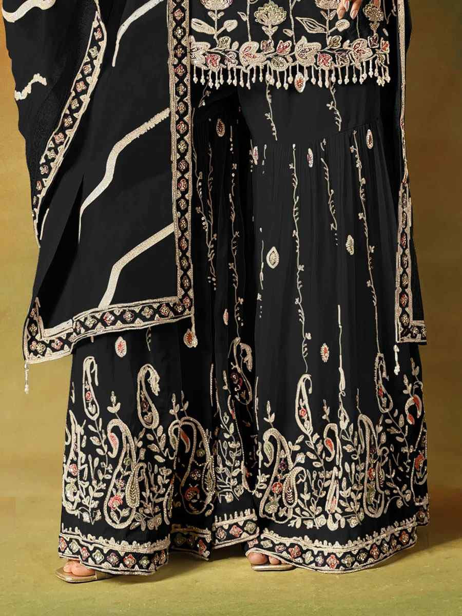 Black Georgette Embroidered Festival Wedding Sharara Pant Salwar Kameez