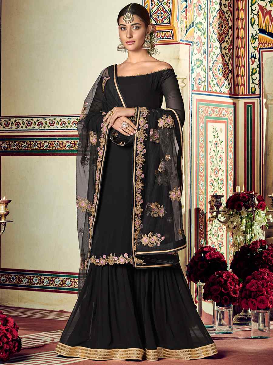 Black Georgette Embroidered Festival Wedding Sharara Pant Salwar Kameez