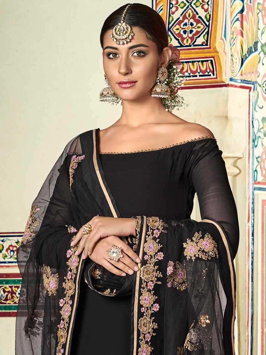 Black Georgette Embroidered Festival Wedding Sharara Pant Salwar Kameez
