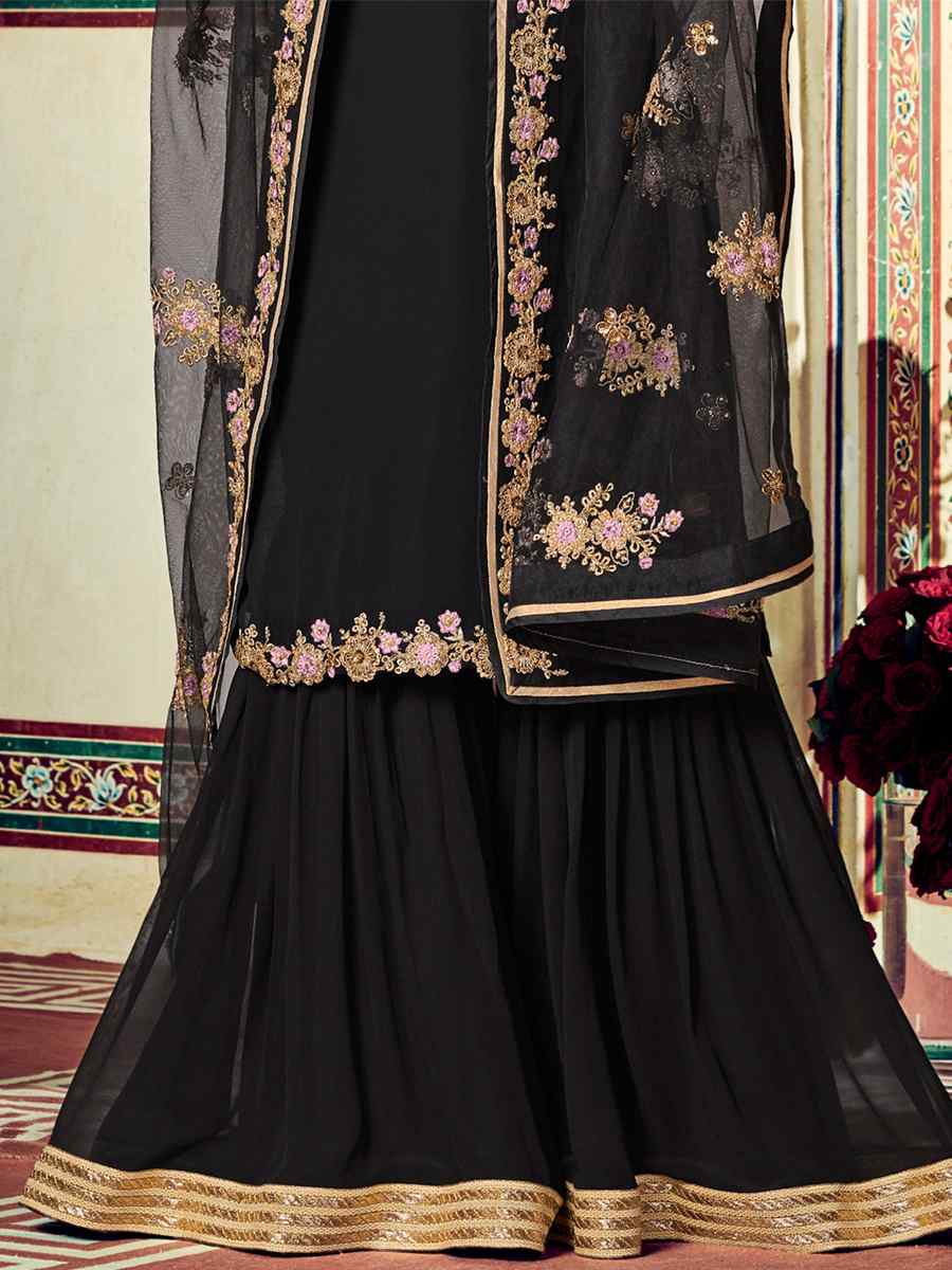 Black Georgette Embroidered Festival Wedding Sharara Pant Salwar Kameez
