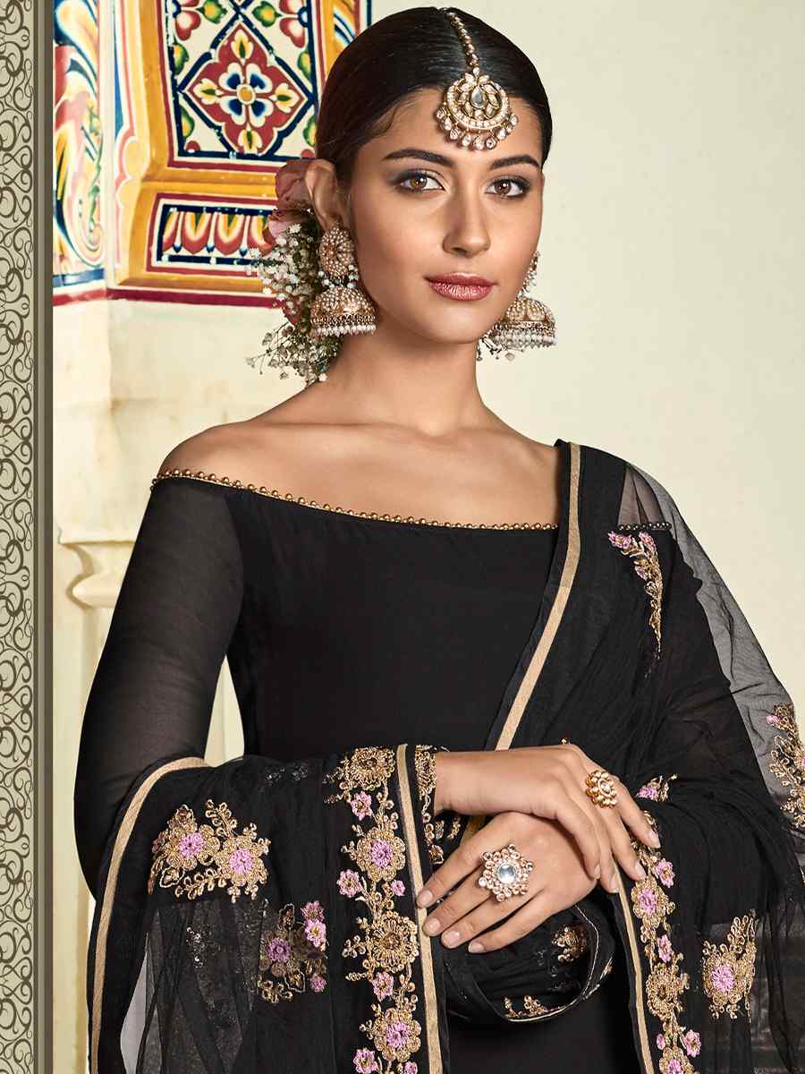 Black Georgette Embroidered Festival Wedding Sharara Pant Salwar Kameez