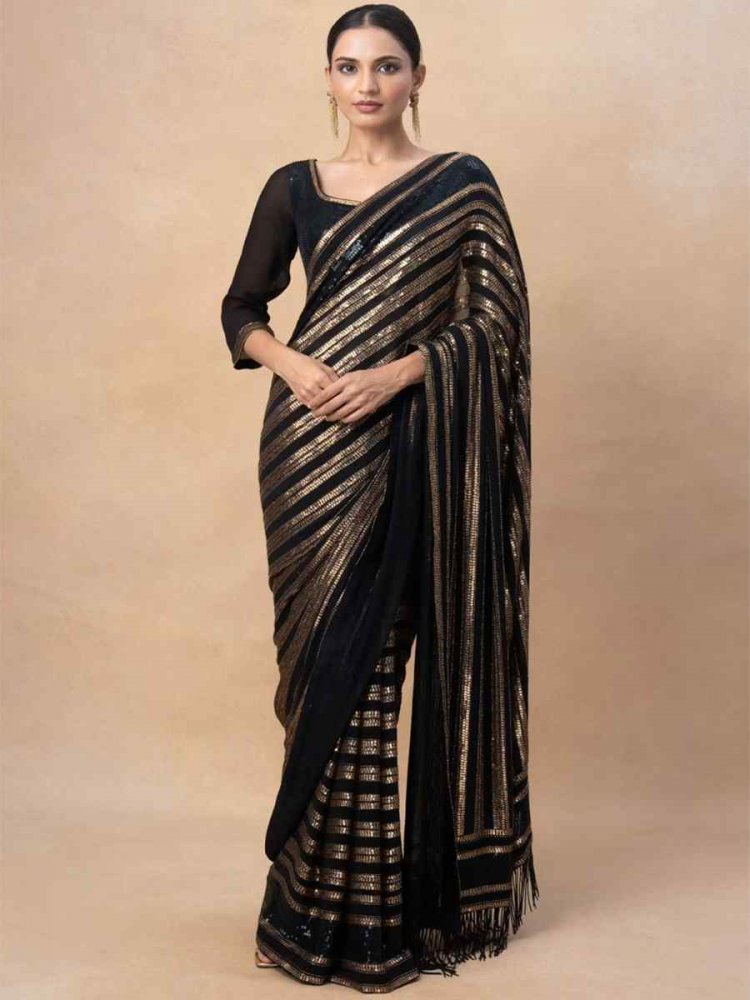 Black Georgette Embroidered Party Cocktail Classic Style Saree