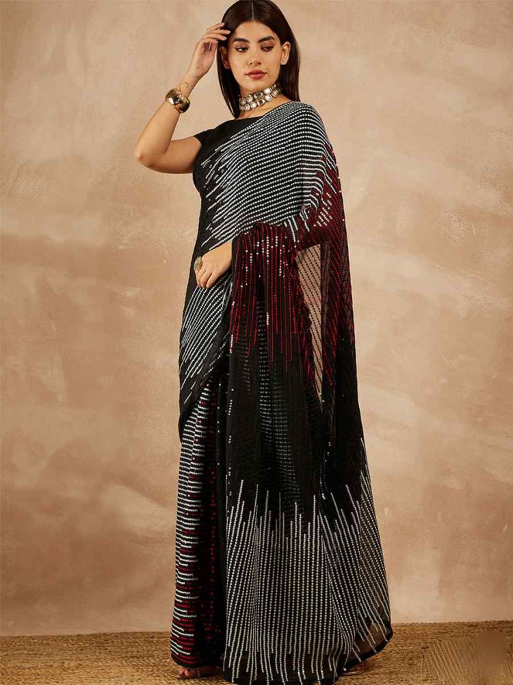 Black Georgette Embroidered Party Cocktail Classic Style Saree