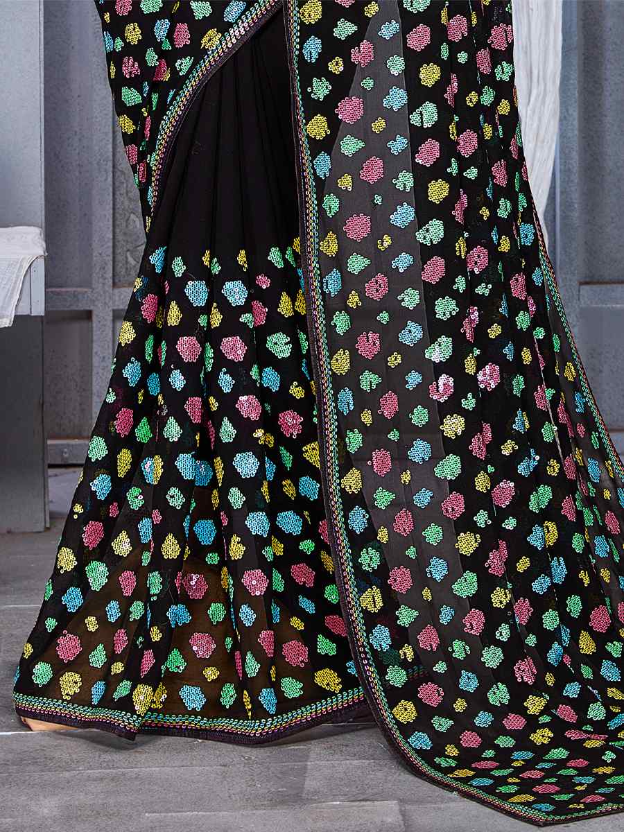 Black Georgette Embroidered Party Festival Classic Style Saree