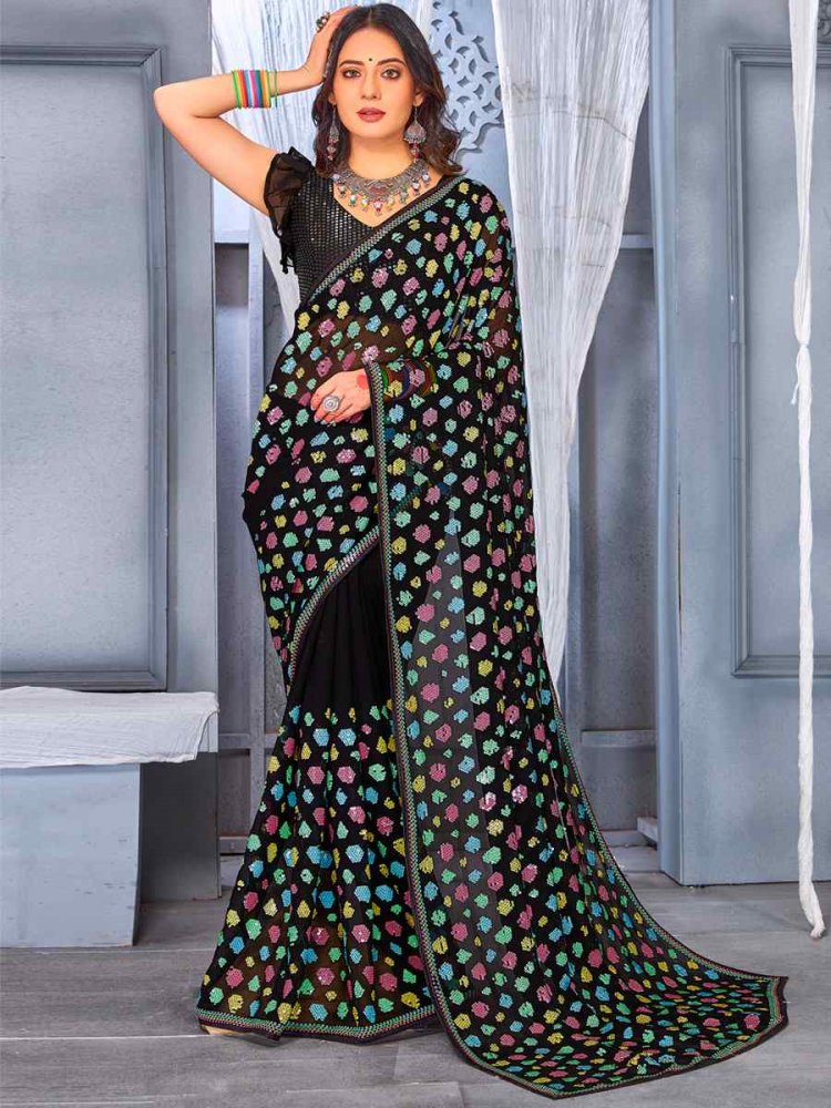 Black Georgette Embroidered Party Festival Classic Style Saree