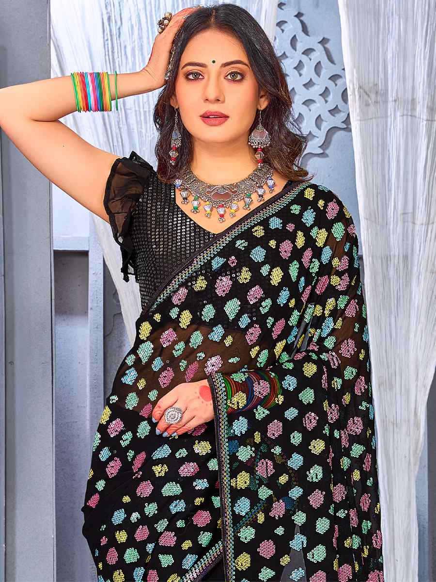 Black Georgette Embroidered Party Festival Classic Style Saree