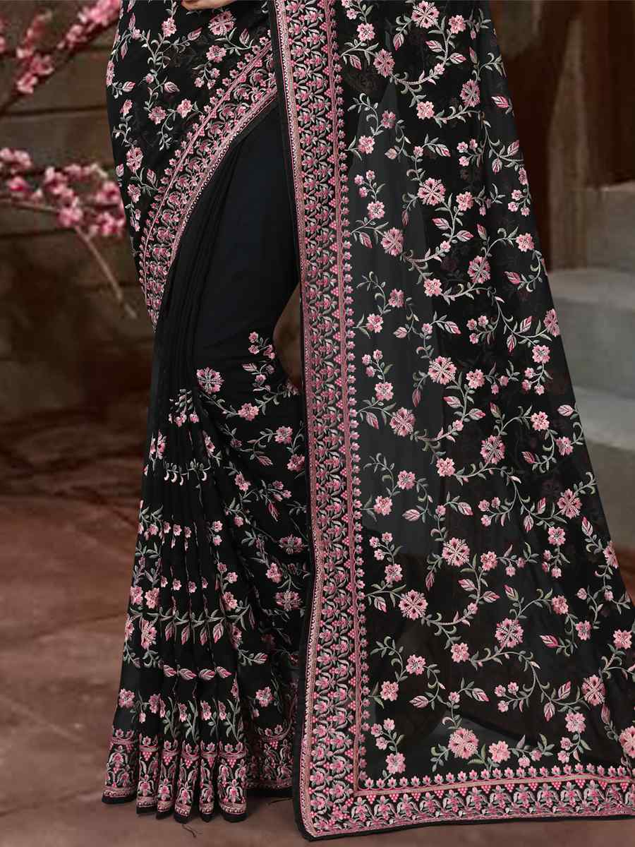 Black Georgette Embroidered Party Festival Heavy Border Saree