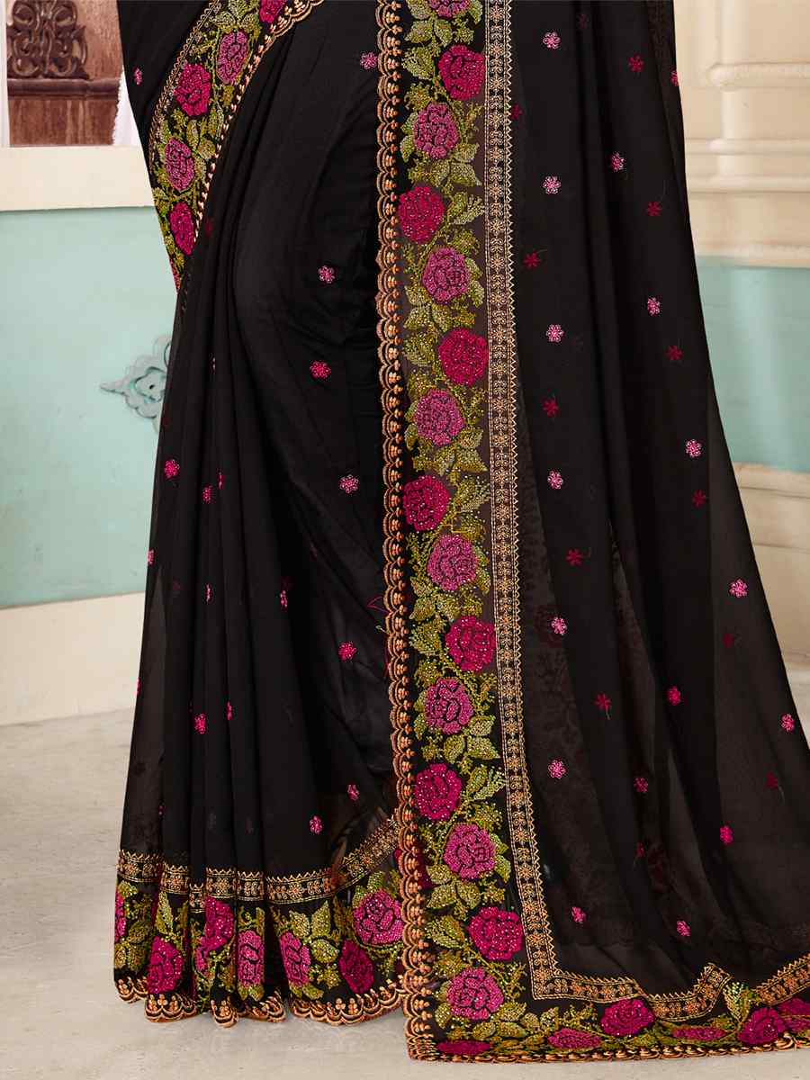 Black Georgette Embroidered Party Festival Heavy Border Saree