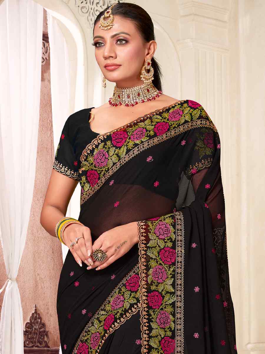 Black Georgette Embroidered Party Festival Heavy Border Saree