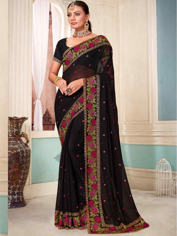 Black Georgette Embroidered Party Festival Heavy Border Saree