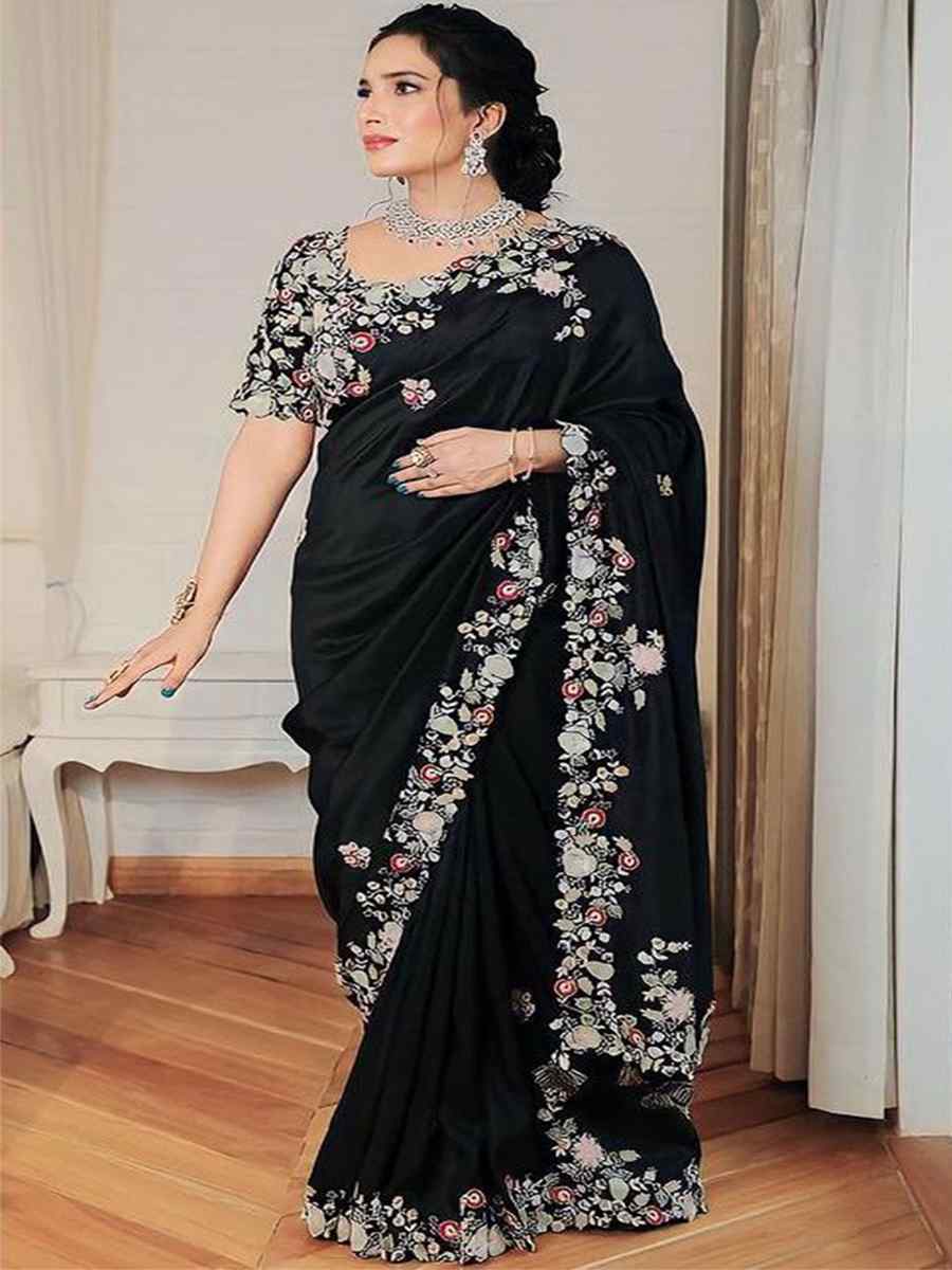 Black Georgette Embroidered Party Reception Heavy Border Saree