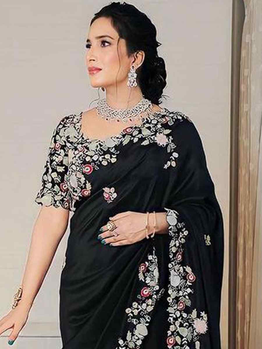 Black Georgette Embroidered Party Reception Heavy Border Saree