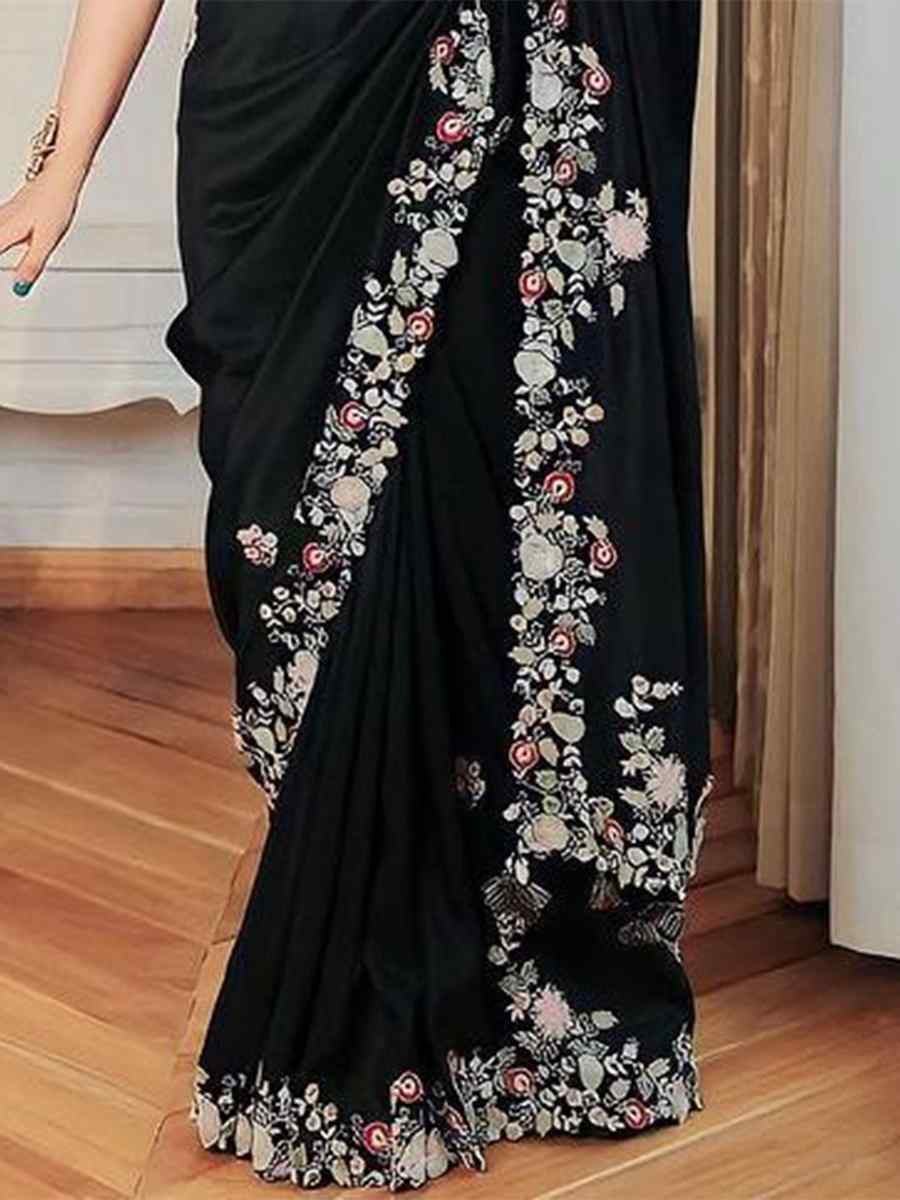 Black Georgette Embroidered Party Reception Heavy Border Saree