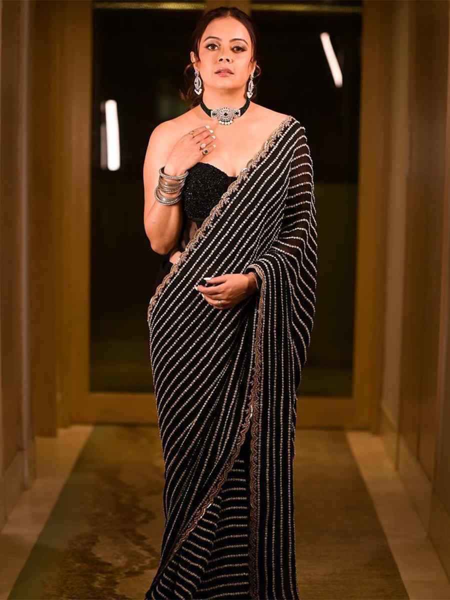 Black Georgette Embroidered Party Wedding Classic Style Saree