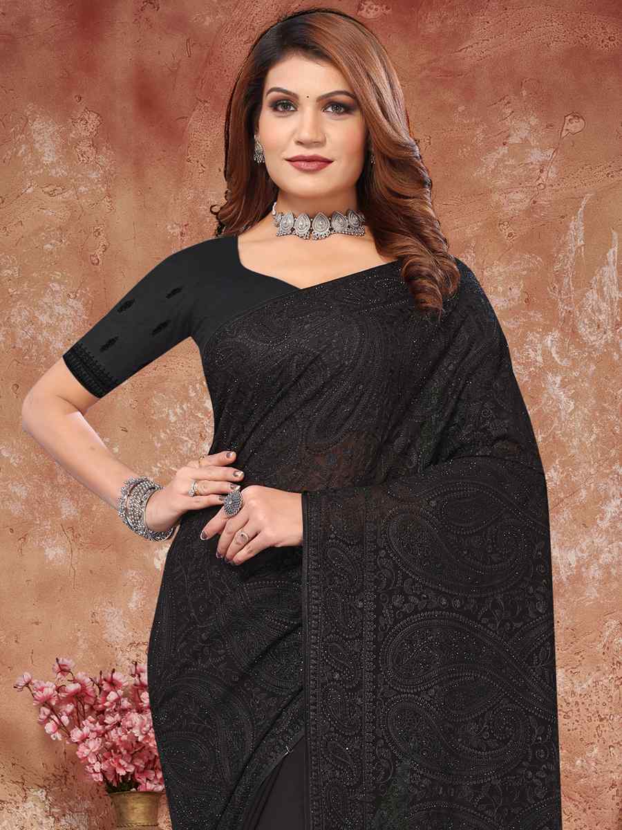 Black Georgette Embroidered Reception Party Heavy Border Saree