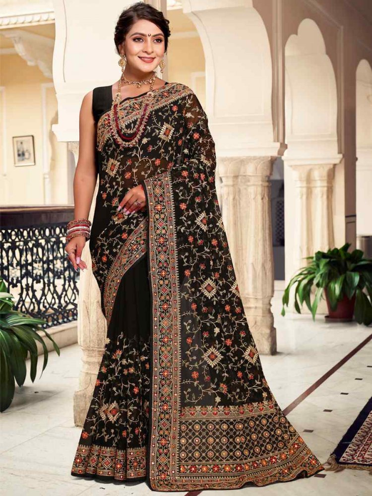 Black Georgette Embroidered Reception Party Heavy Border Saree