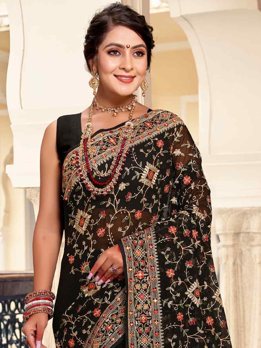 Black Georgette Embroidered Reception Party Heavy Border Saree