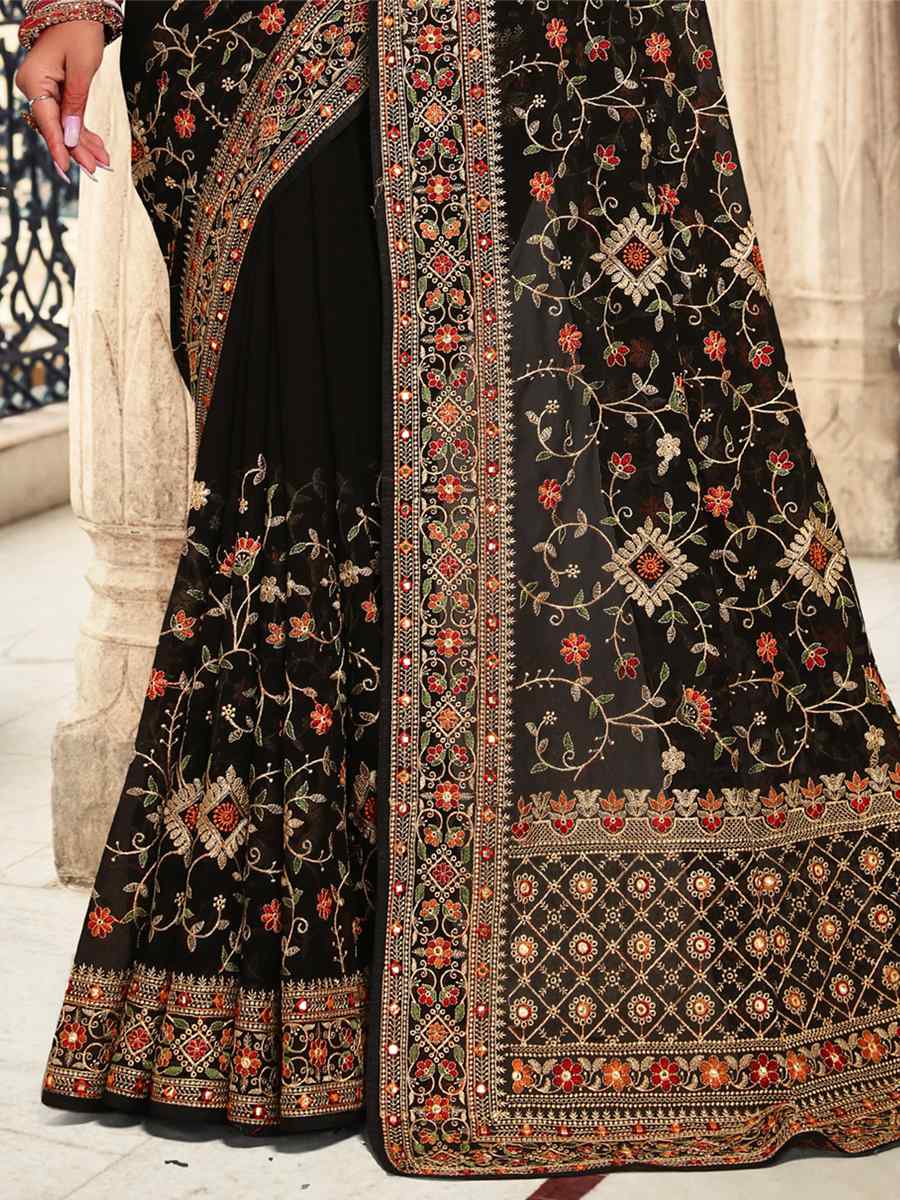 Black Georgette Embroidered Reception Party Heavy Border Saree