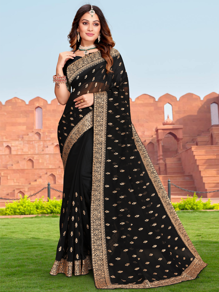 Black Georgette Embroidered Reception Party Heavy Border Saree