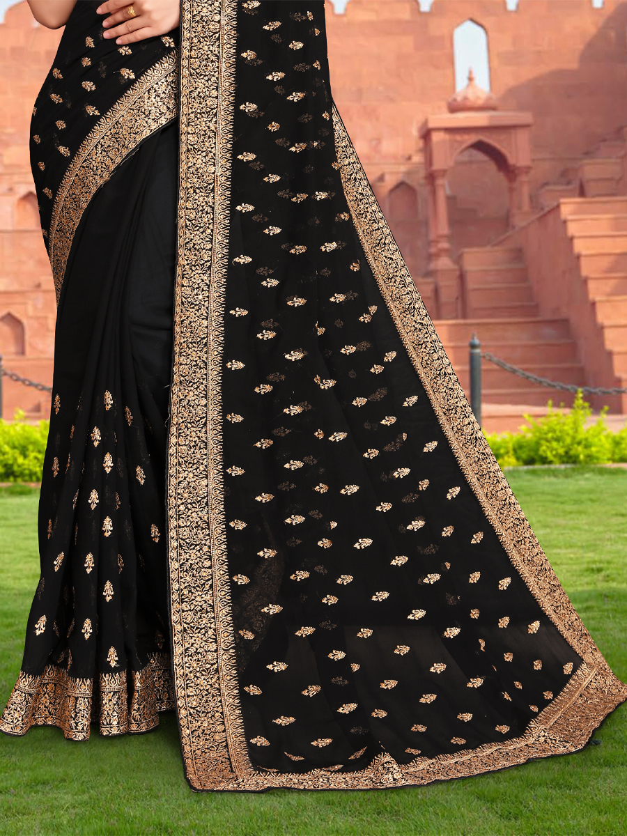 Black Georgette Embroidered Reception Party Heavy Border Saree