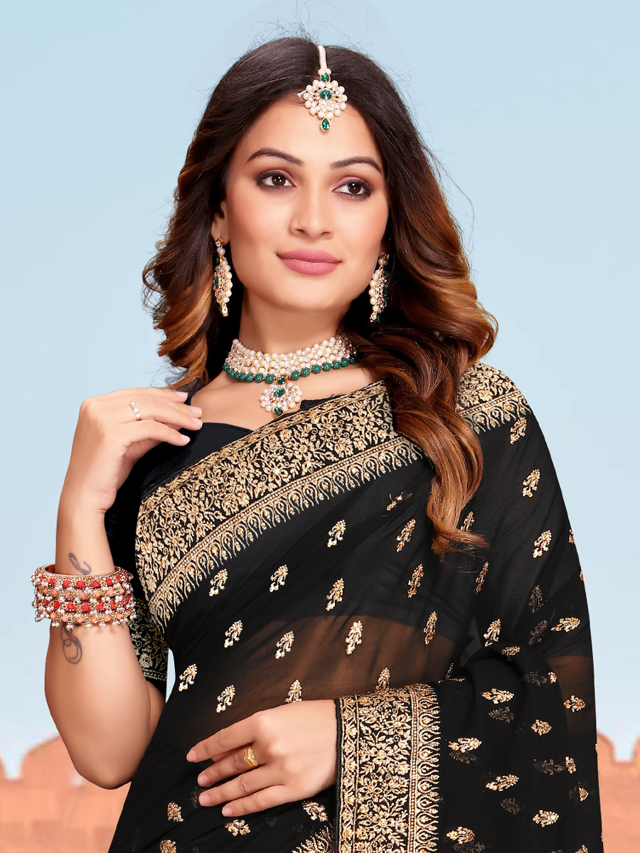 Black Georgette Embroidered Reception Party Heavy Border Saree