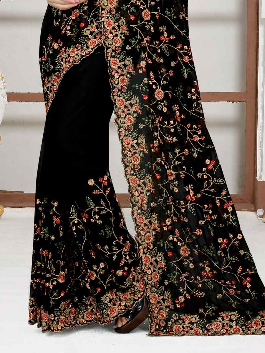Black Georgette Embroidered Wedding Bridesmaid Heavy Border Saree