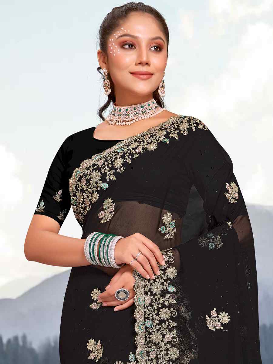 Black Georgette Embroidered Wedding Festival Heavy Border Saree