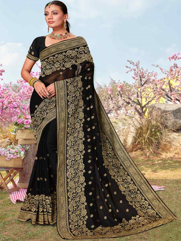 Black Georgette Embroidered Wedding Festival Heavy Border Saree