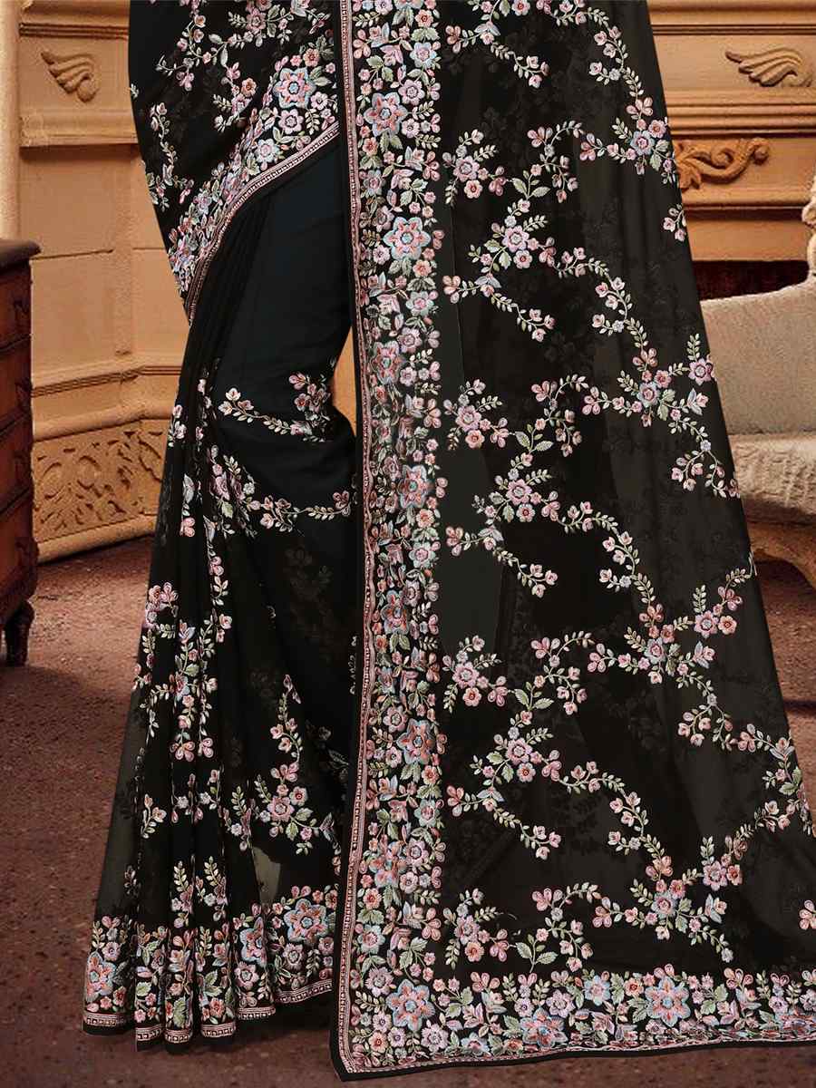 Black Georgette Embroidered Wedding Festival Heavy Border Saree