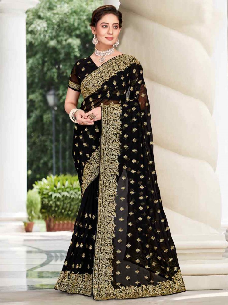 Black Georgette Embroidered Wedding Festival Heavy Border Saree