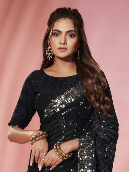 Black Georgette Embroidered Wedding Festival Heavy Border Saree