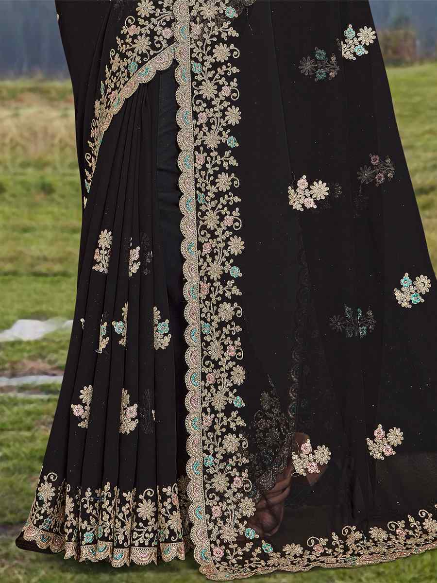 Black Georgette Embroidered Wedding Festival Heavy Border Saree