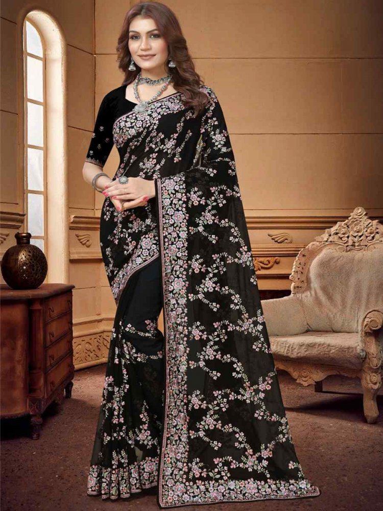 Black Georgette Embroidered Wedding Festival Heavy Border Saree