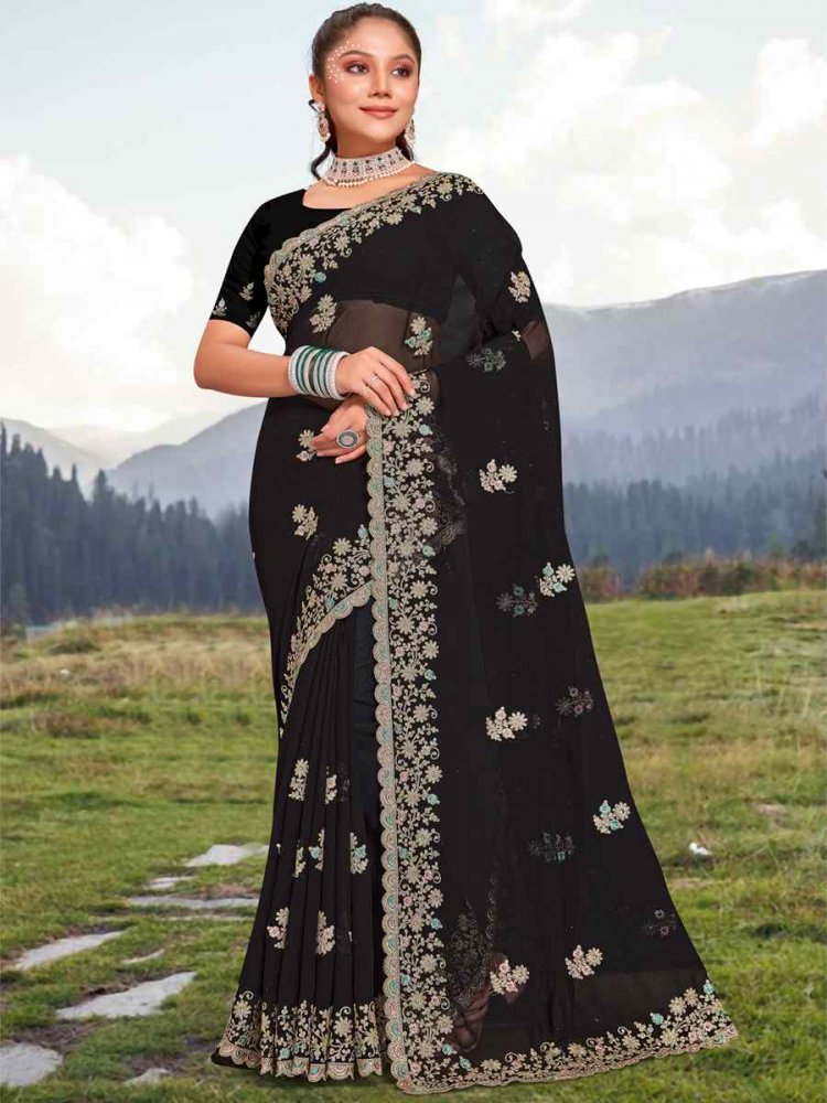 Black Georgette Embroidered Wedding Festival Heavy Border Saree