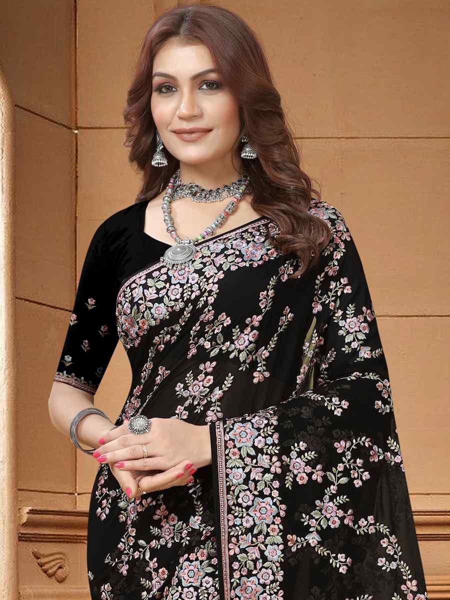 Black Georgette Embroidered Wedding Festival Heavy Border Saree