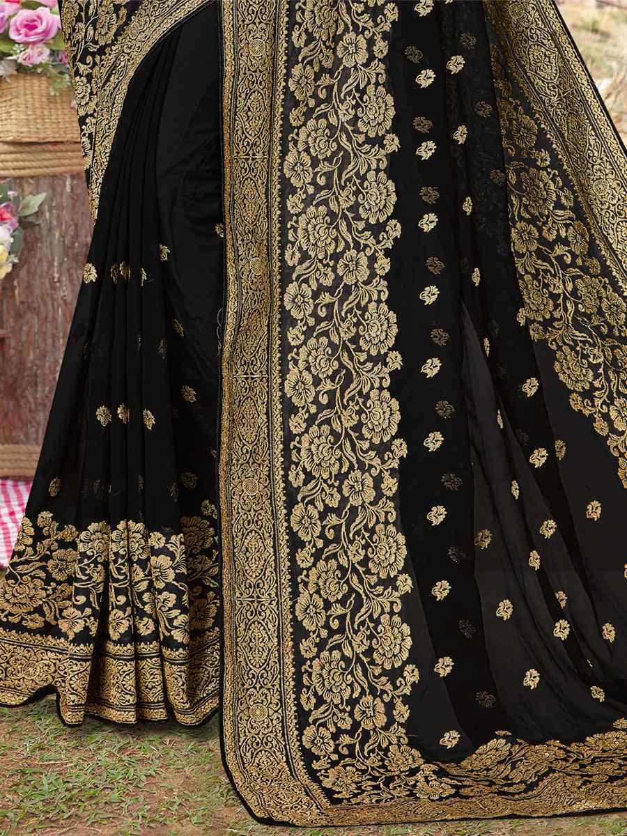 Black Georgette Embroidered Wedding Festival Heavy Border Saree