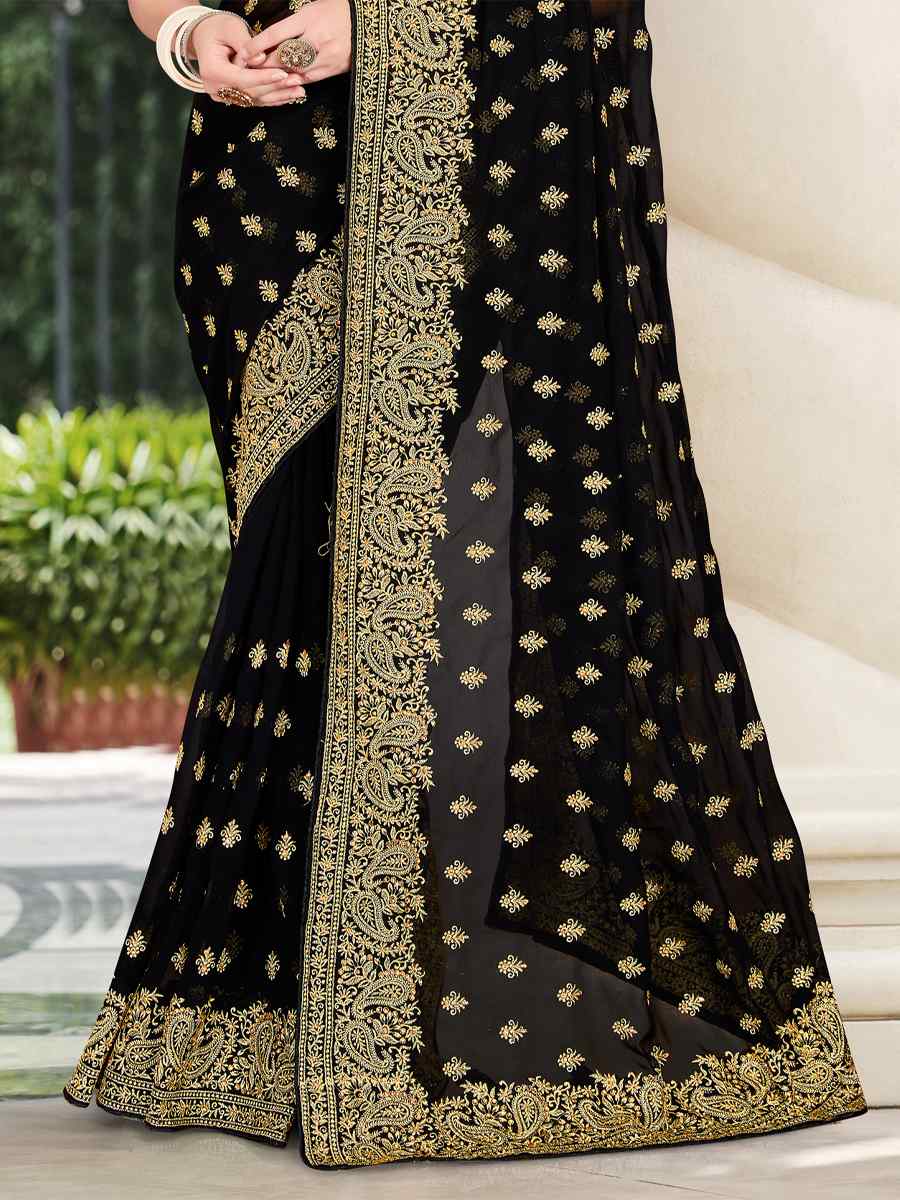 Black Georgette Embroidered Wedding Festival Heavy Border Saree