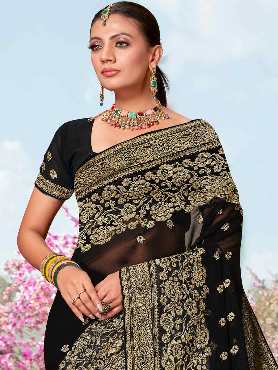 Black Georgette Embroidered Wedding Festival Heavy Border Saree
