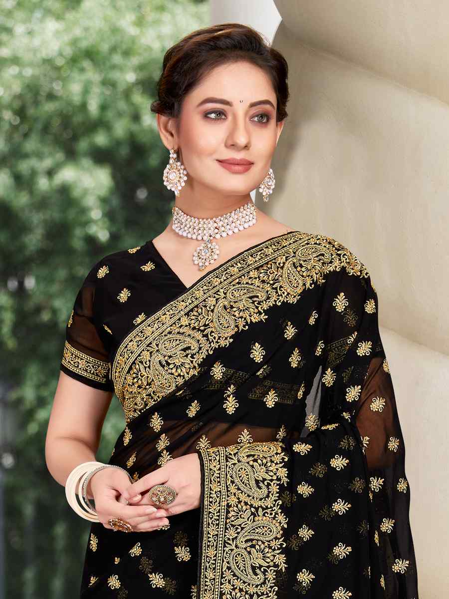 Black Georgette Embroidered Wedding Festival Heavy Border Saree