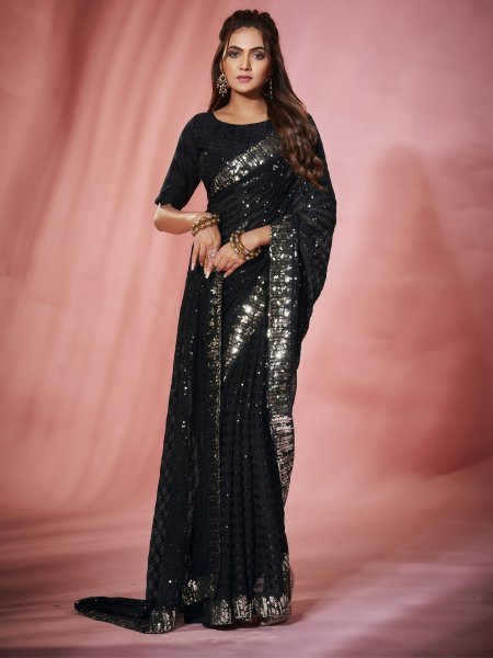 Black Georgette Embroidered Wedding Festival Heavy Border Saree