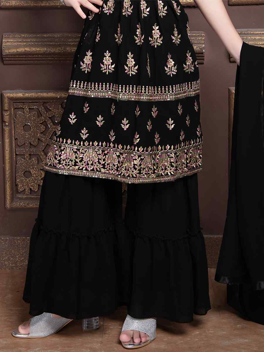 Black Georgette Embroidered Wedding Festival Kurta Sharara Girls Wear