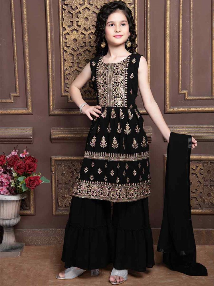 Black Georgette Embroidered Wedding Festival Kurta Sharara Girls Wear