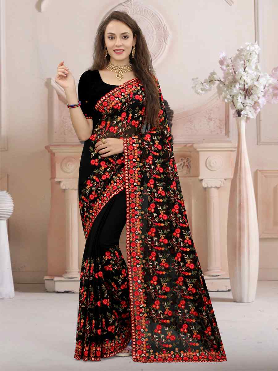 Black Georgette Embroidered Wedding Party Georgette Classic Style Saree