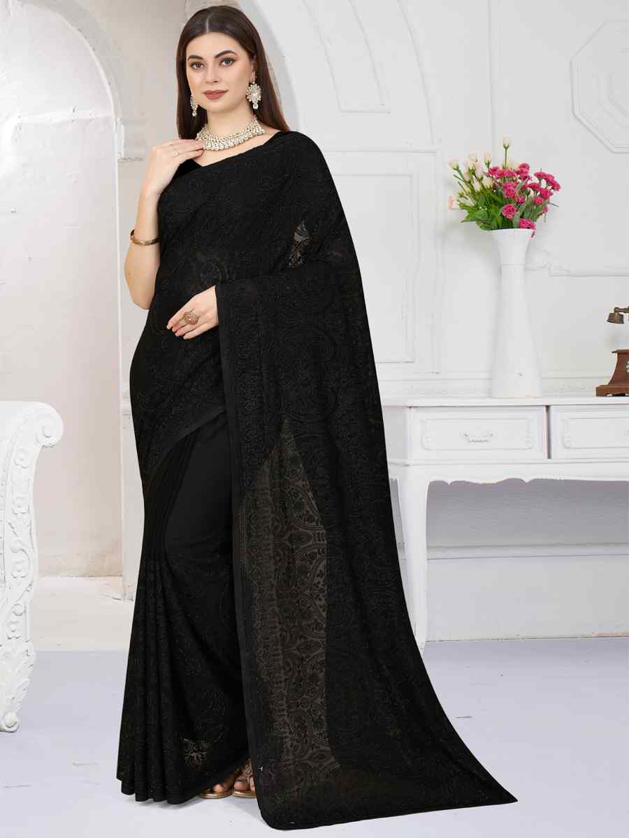Black Georgette Embroidered Wedding Party Heavy Border Saree